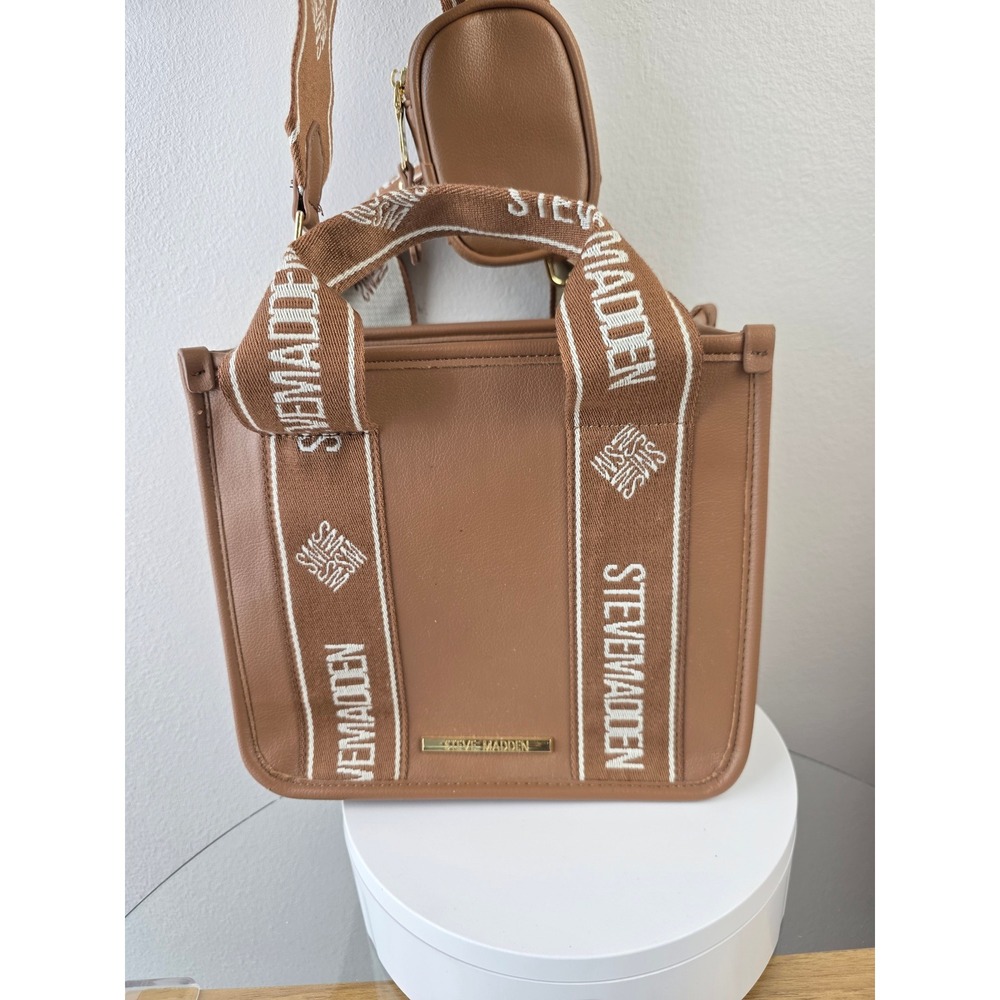 Steve Madden Cognac Brown Mini Tote Crossbody Bag with Logo Strap and Coin Pouch